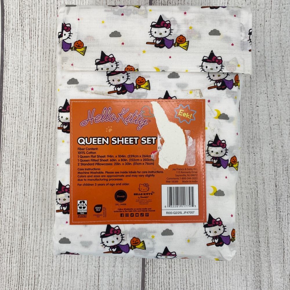Hello Kitty Sheet Set QUEEN White Halloween Witch Cotton Sanrio Spooky Pumpkin - Picture 2 of 11